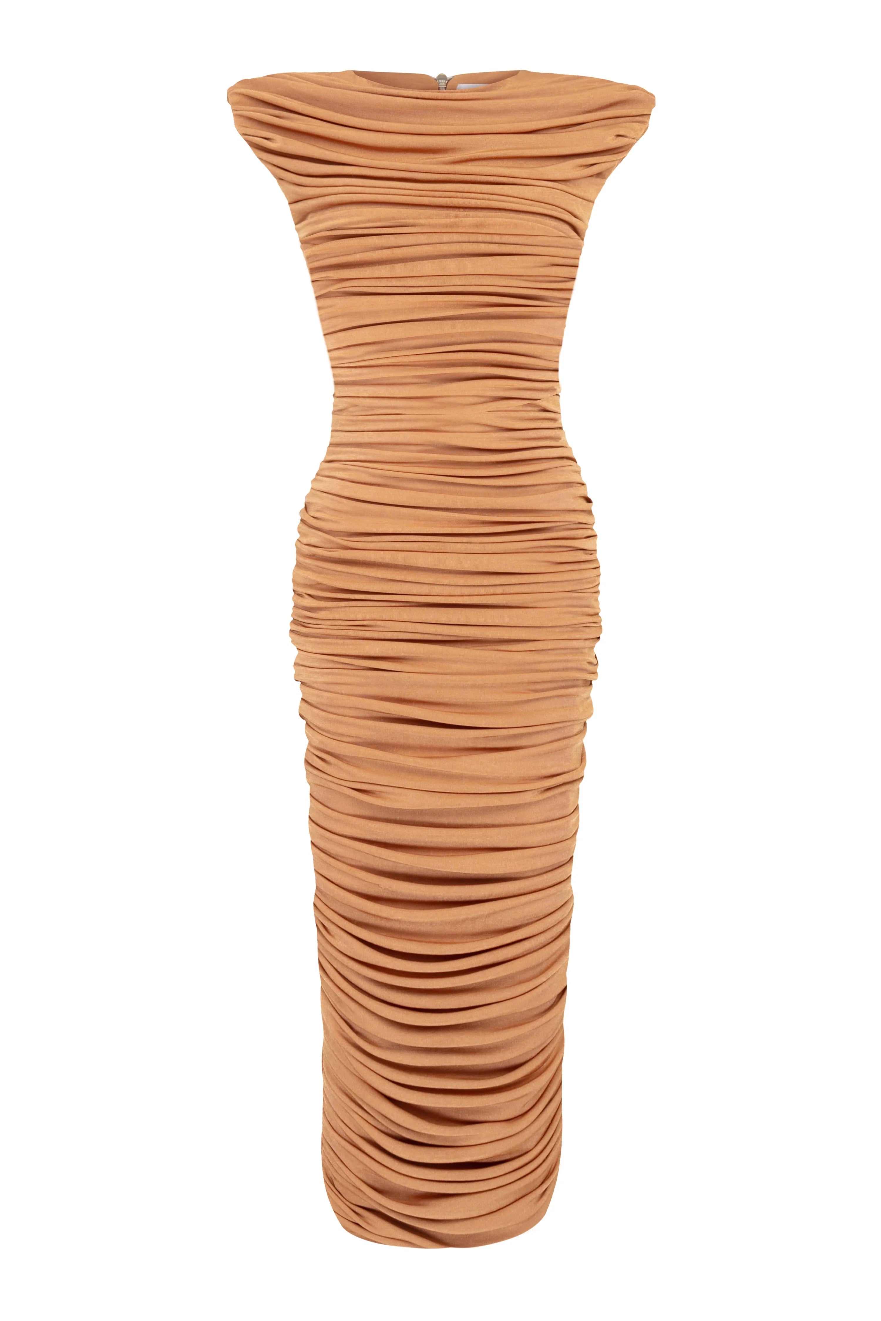 Green Midi Dress With Padded Shoulders And Drape Details