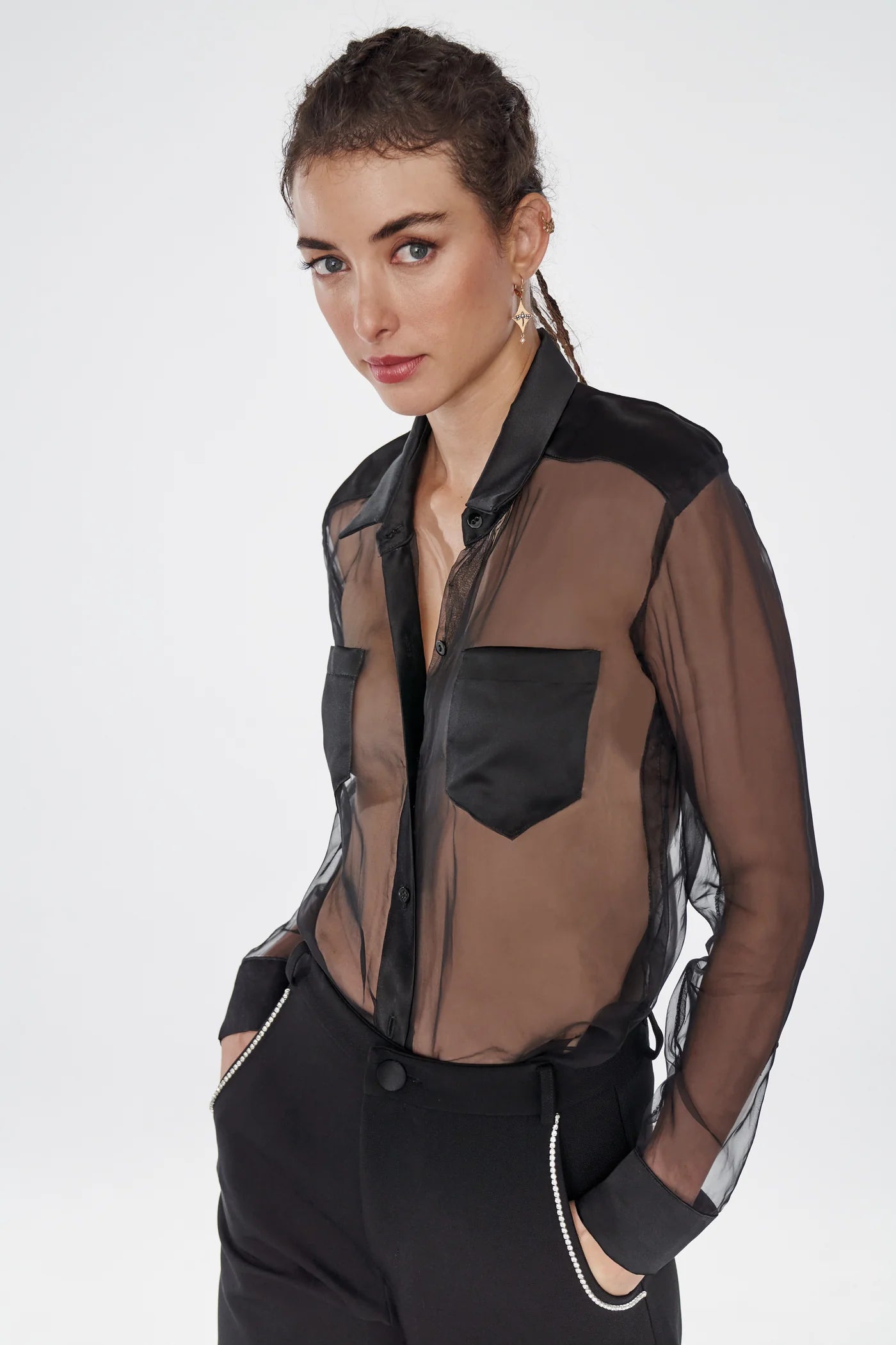 Black organza tuxedo blouse