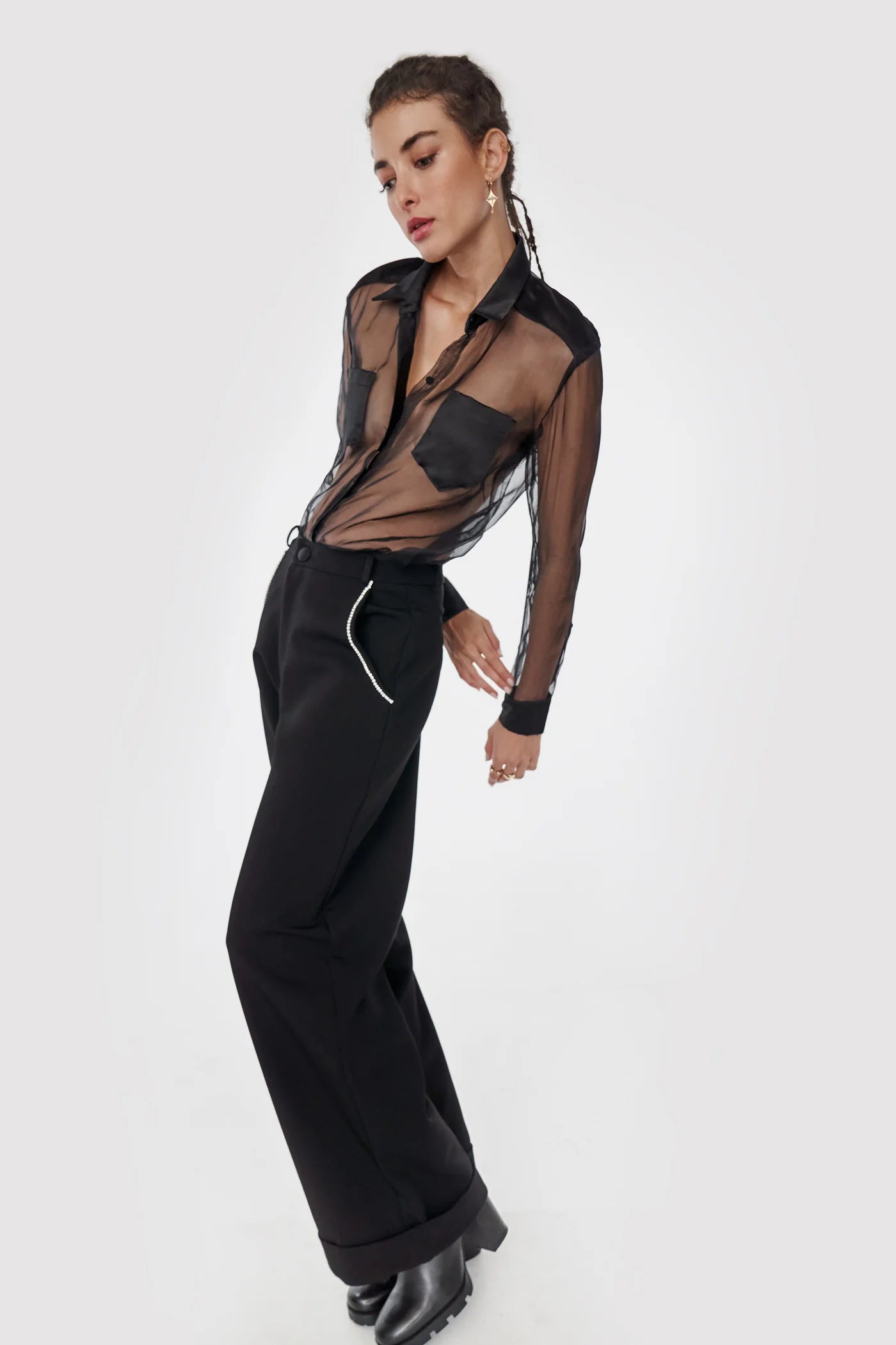 Black organza tuxedo blouse