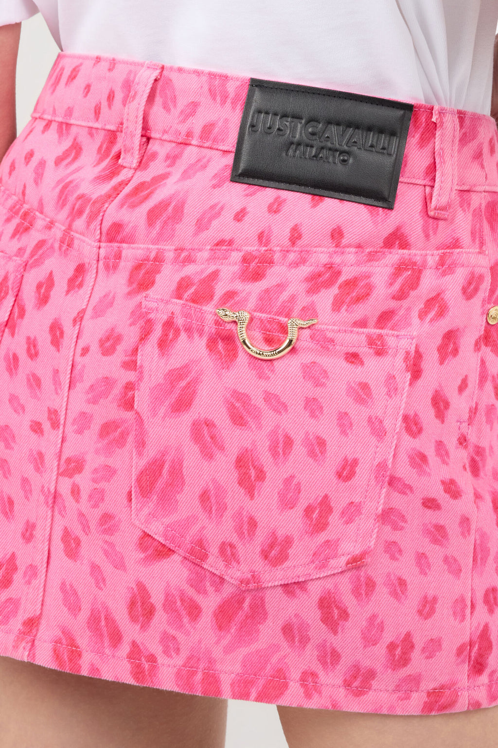 Pink denim jaguar print mini skirt