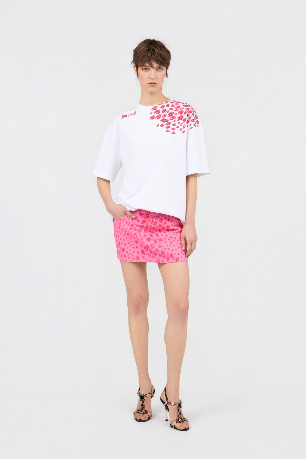 Pink denim jaguar print mini skirt