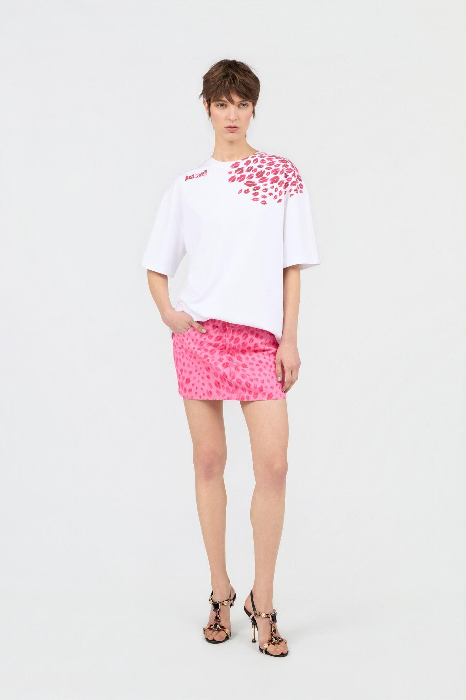 Pink denim jaguar print mini skirt