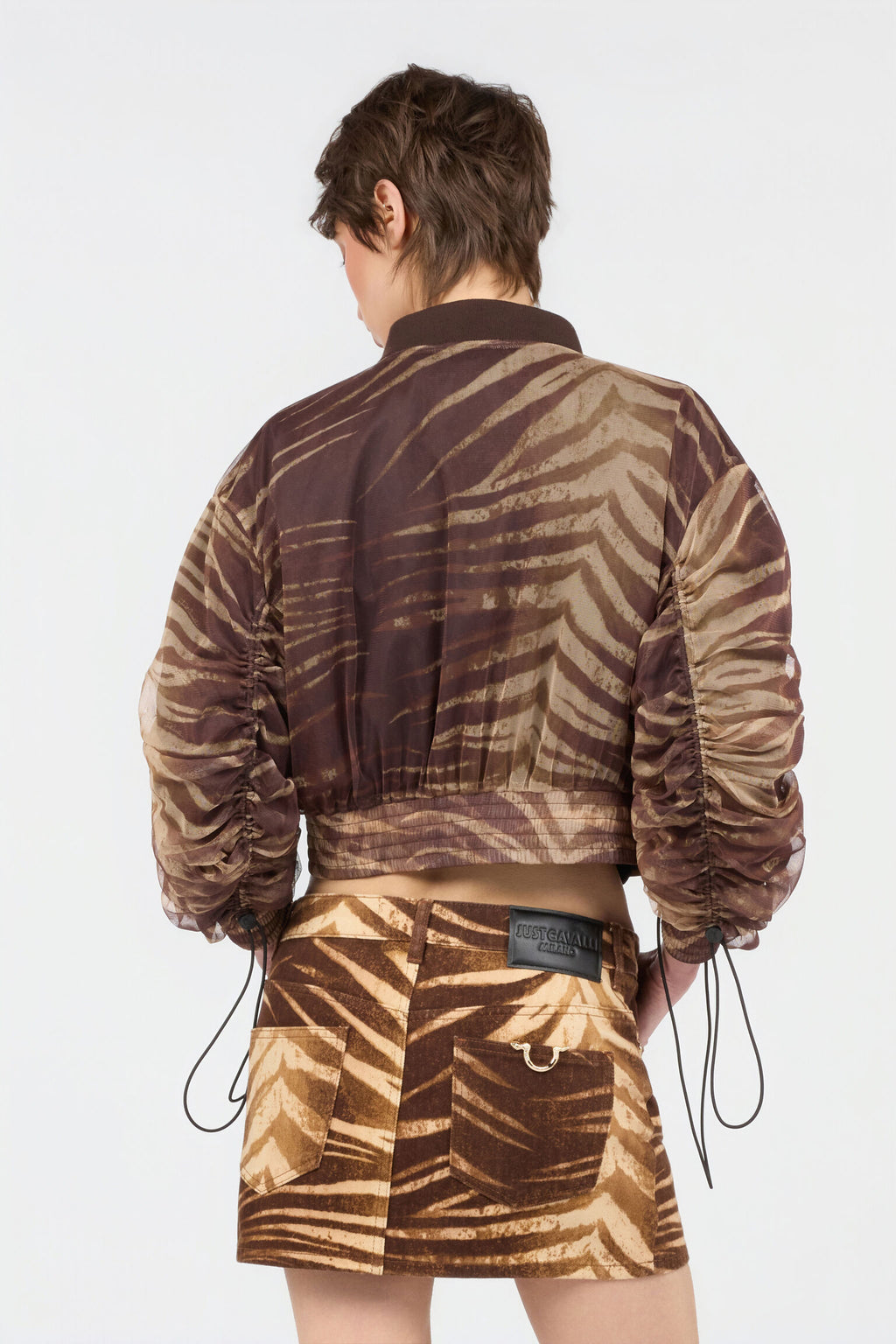 Brown palm leaves print mesh bomber jacket