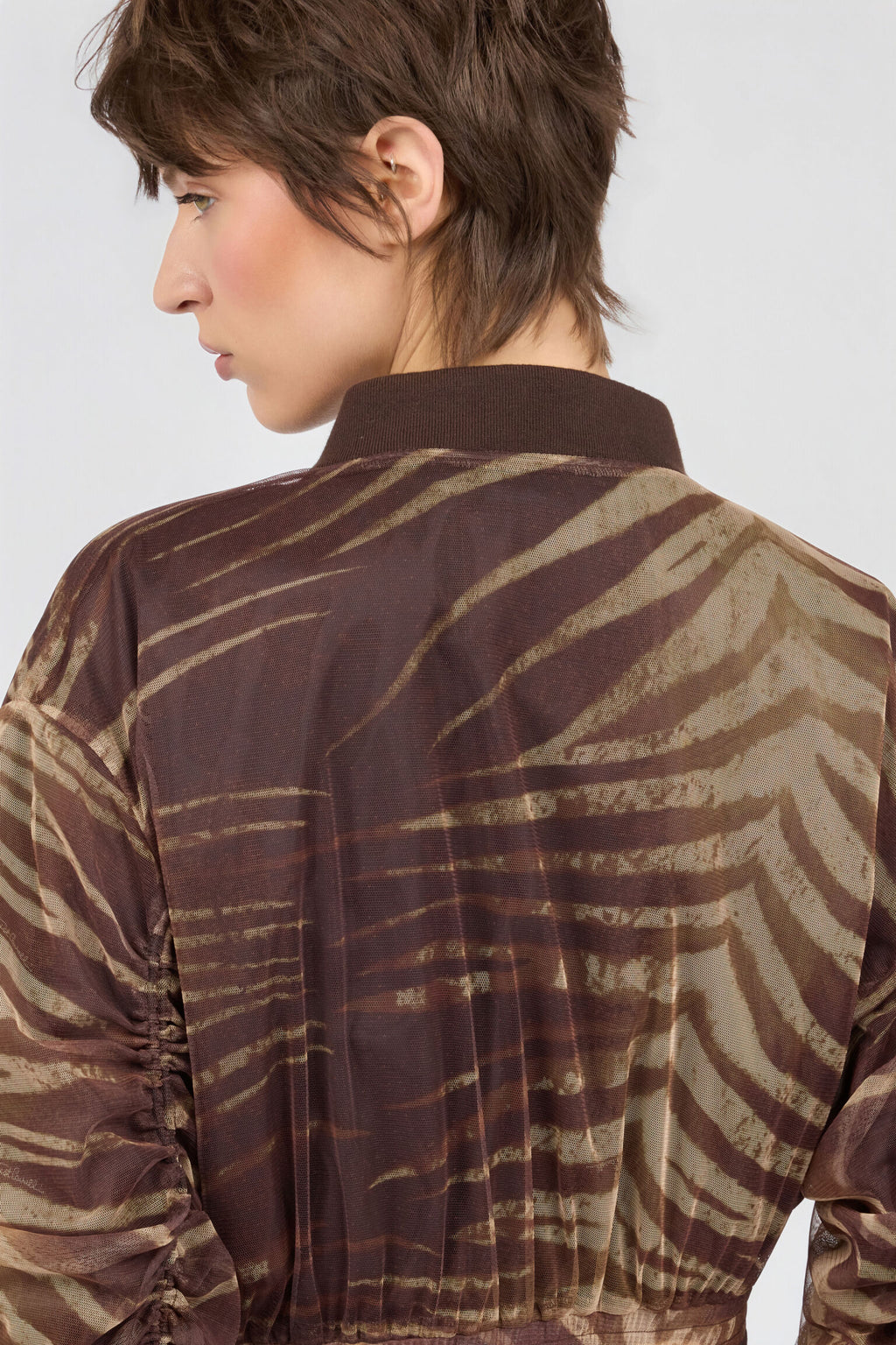 Brown palm leaves print mesh bomber jacket