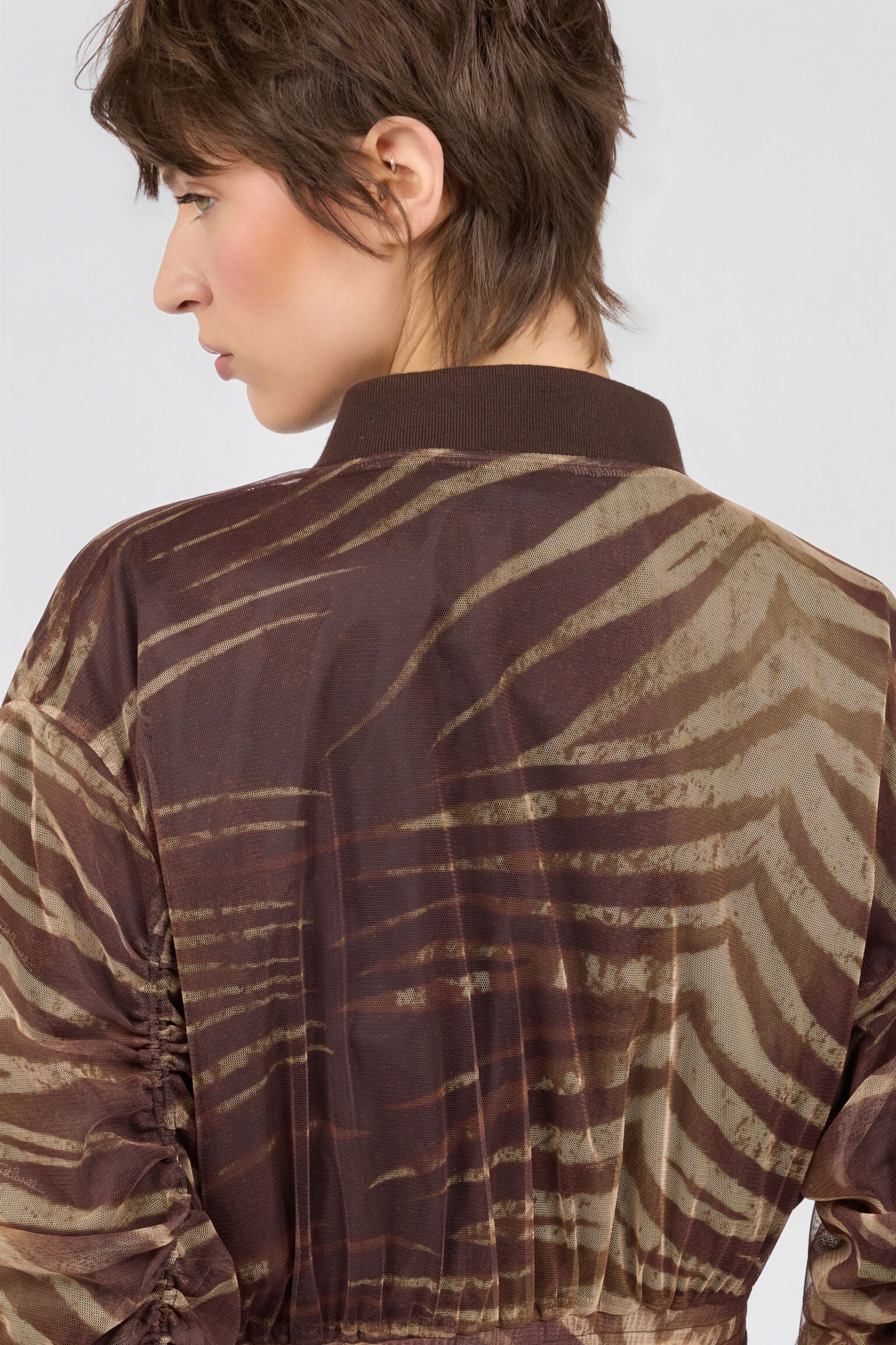 Brown palm leaves print mesh bomber jacket