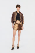 Brown palm leaves print mesh bomber jacket