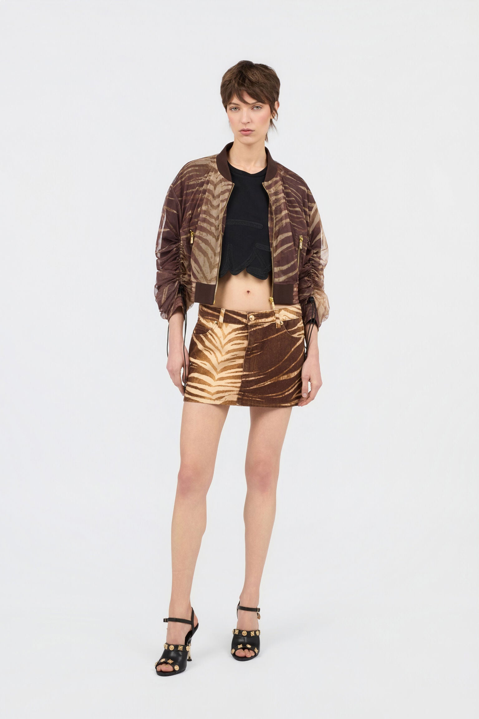 Brown palm leaves print mesh bomber jacket