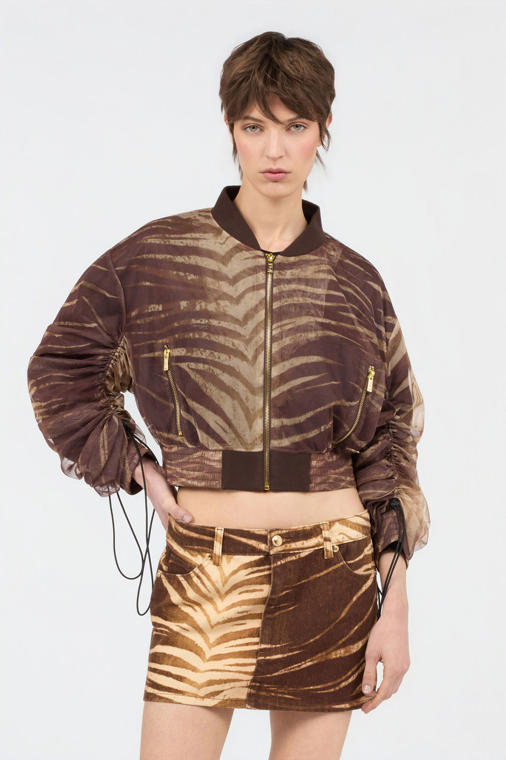 Brown palm leaves print mesh bomber jacket