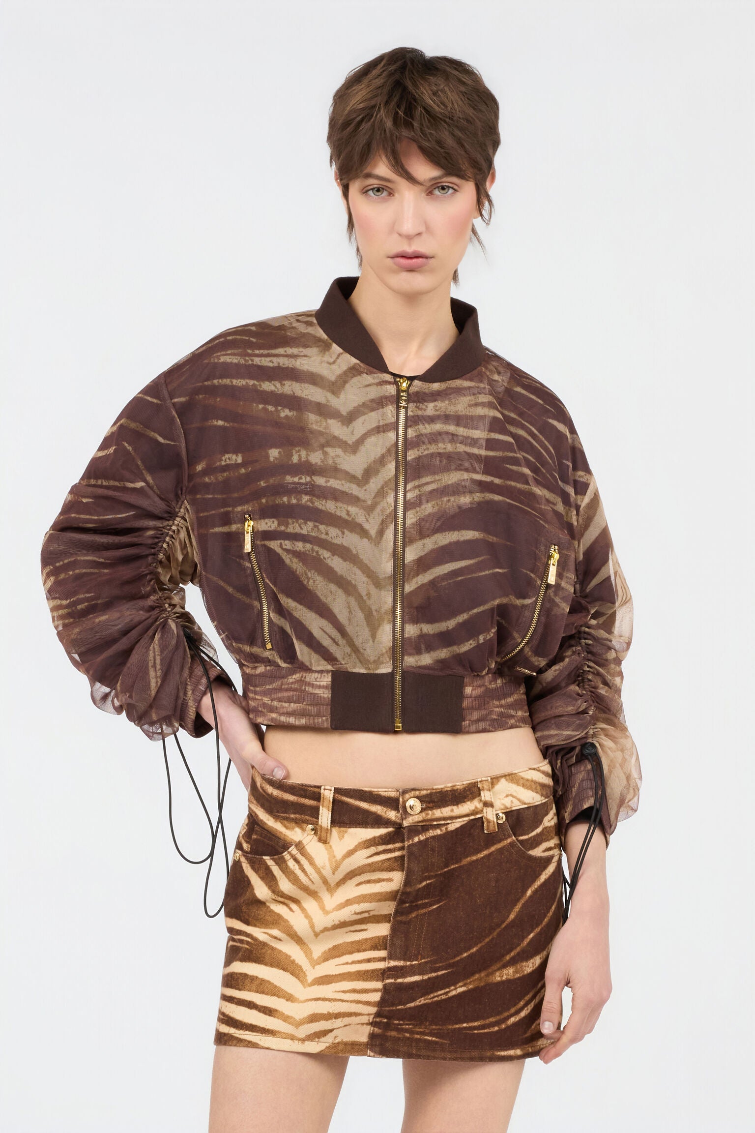 Brown palm leaves print mesh bomber jacket