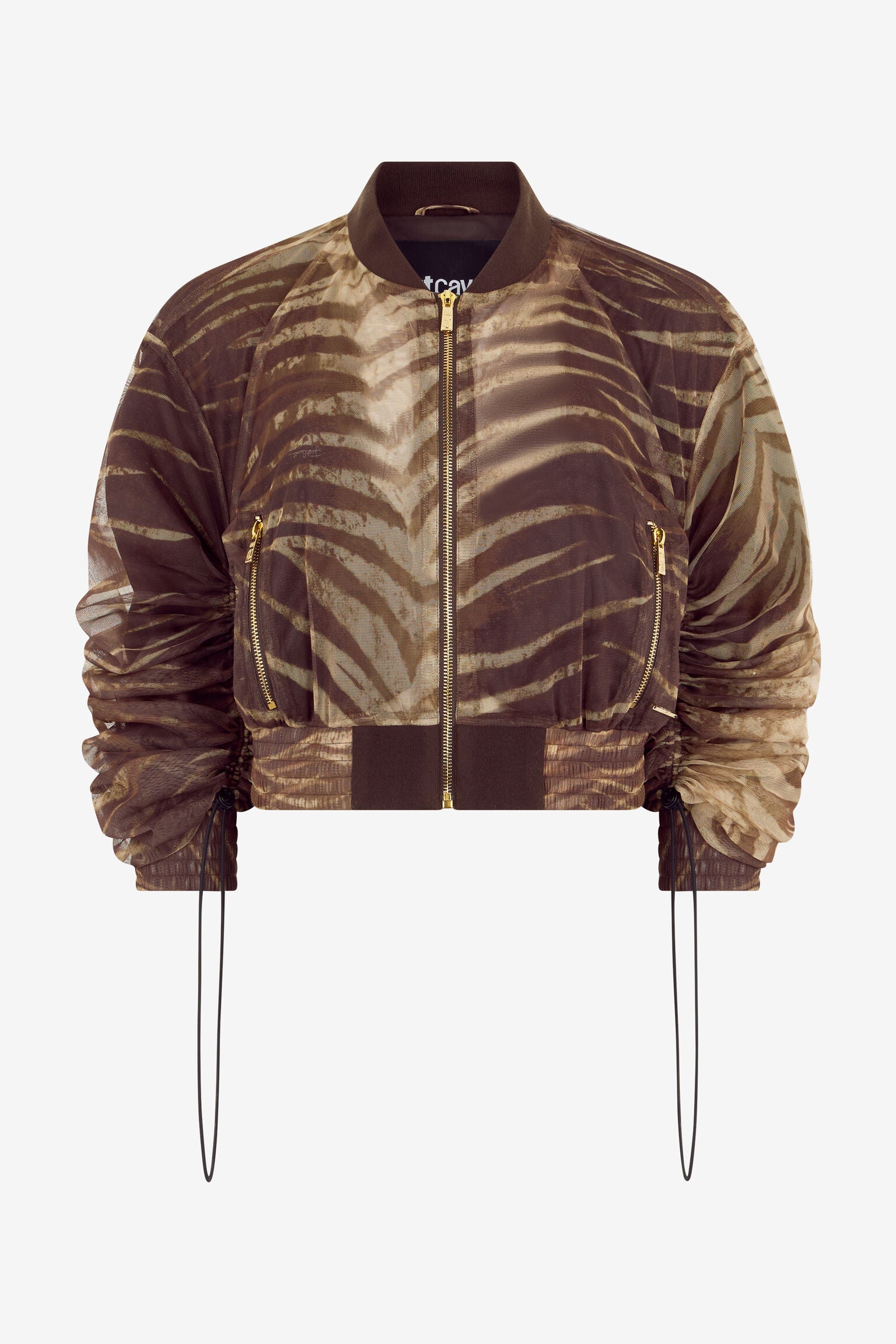 Brown palm leaves print mesh bomber jacket