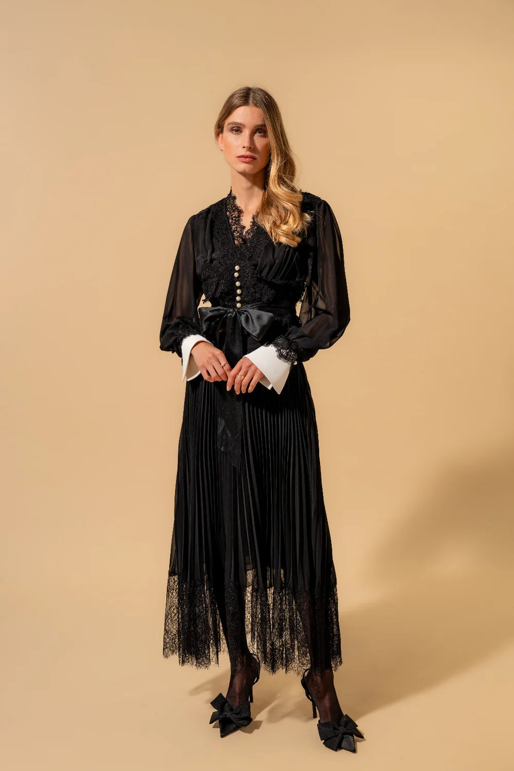 White blouse with black French lace details