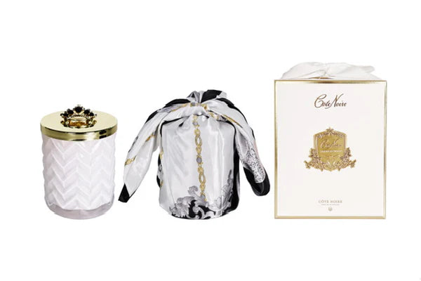 White herringbone candle with scarf and crown broach prosecco fragrance