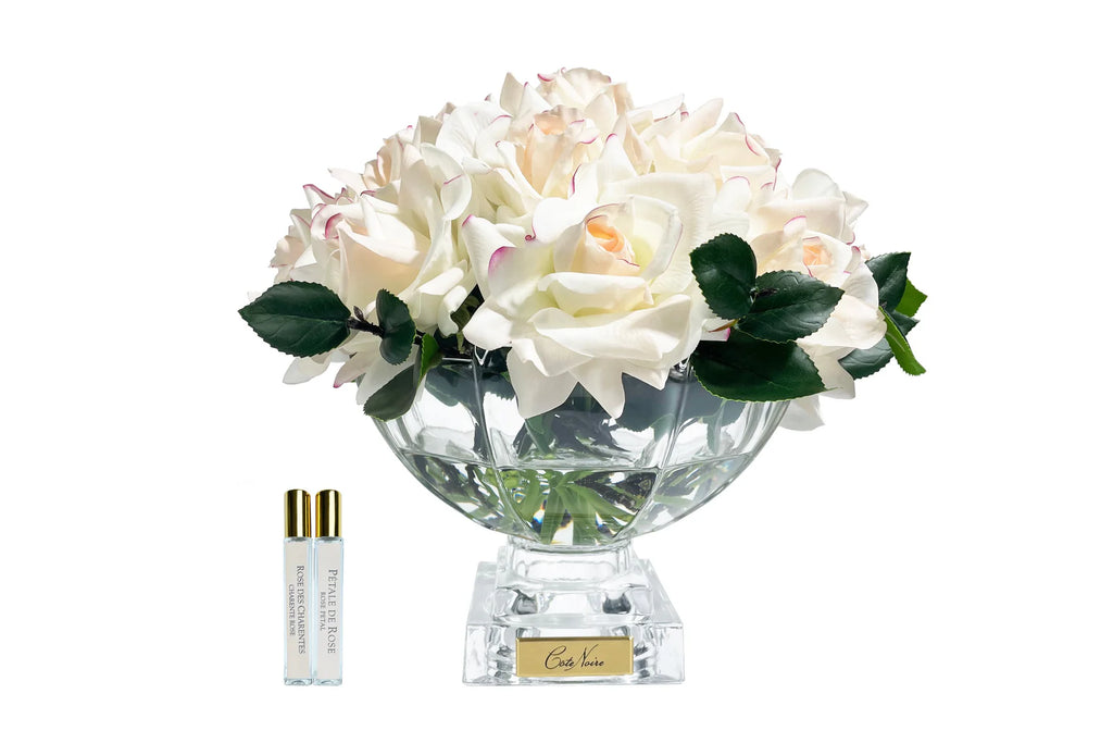 Blush  French roses centerpiece with green leaves