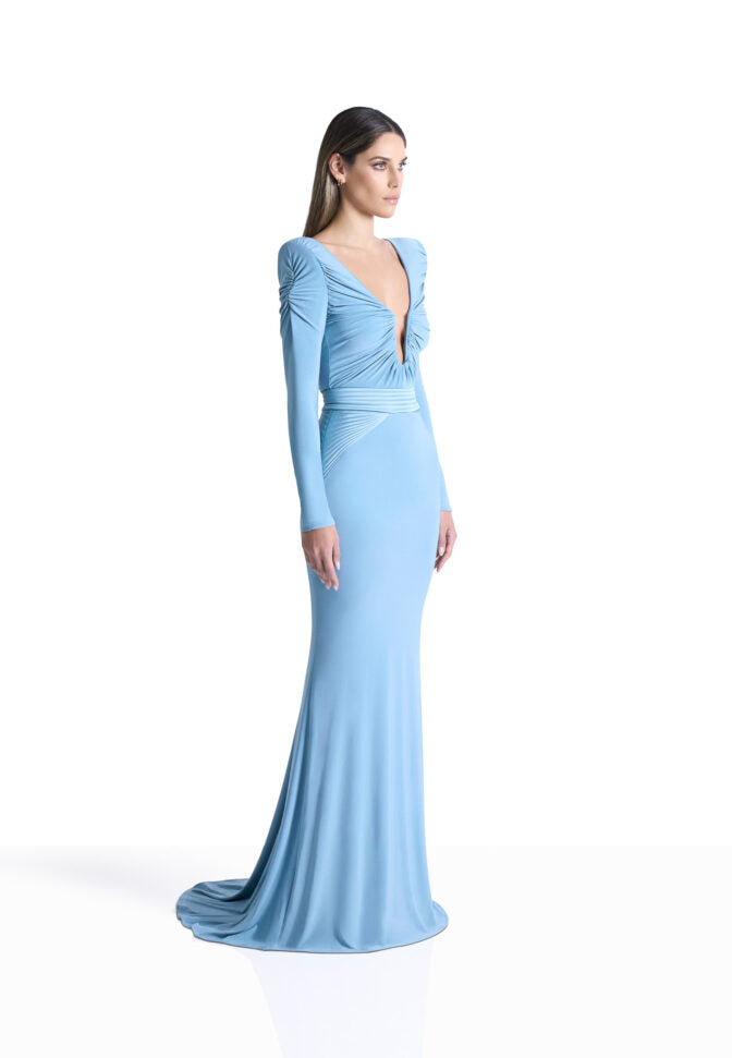 Baby blue jersey gown with long sleeves