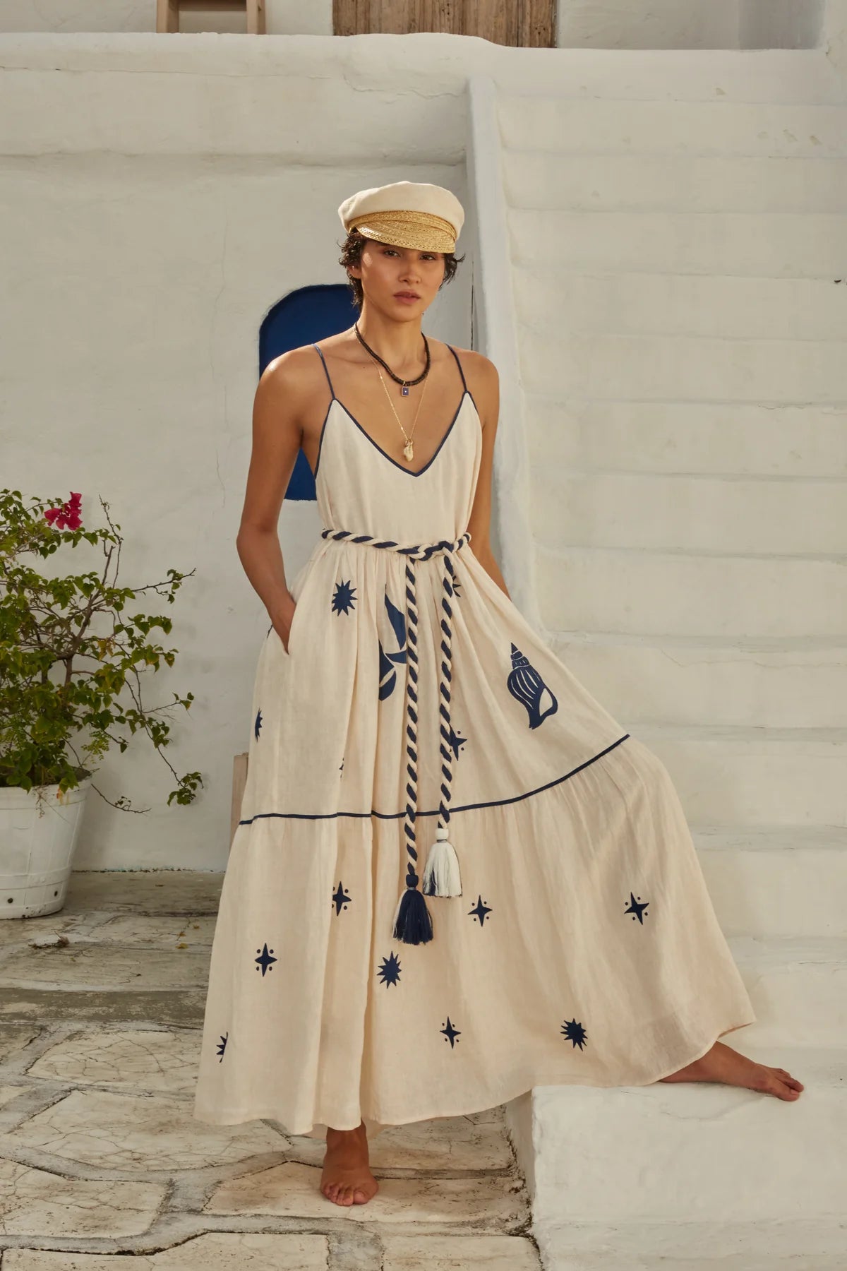 Ivory navy embroidered maxi linen dress with belt