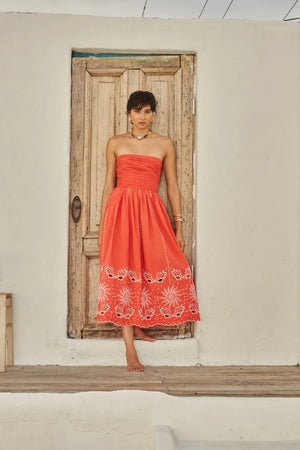 Red strapless cotton embroidered Mana dress