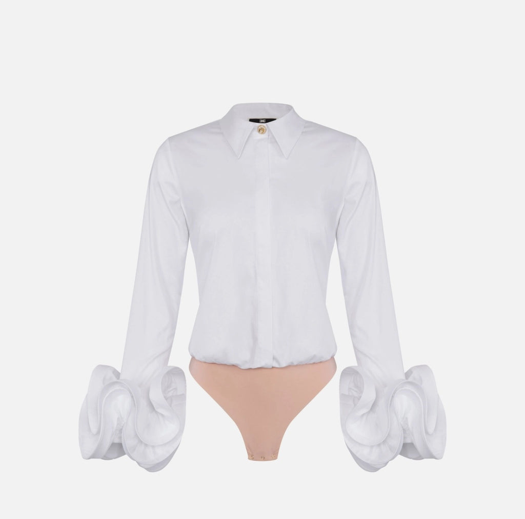 White satin body shirt with ruffled sleeves