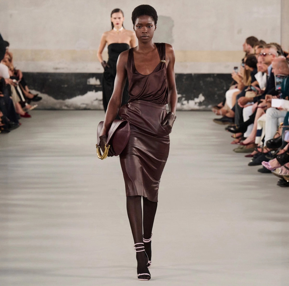 Brown leather pencil skirt with a slit