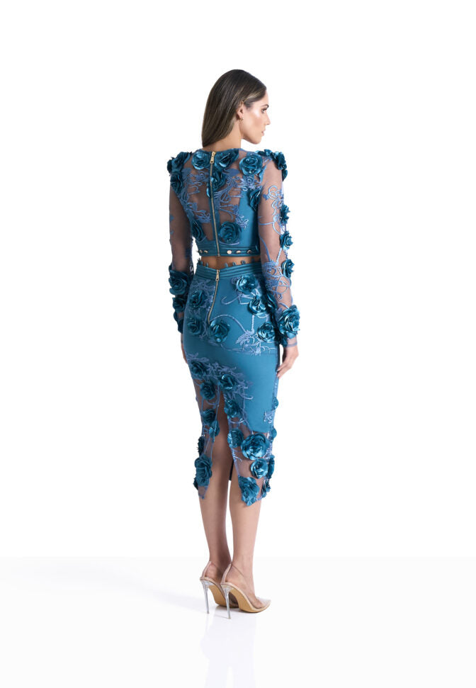 Blue lace 3D flowers midi dress