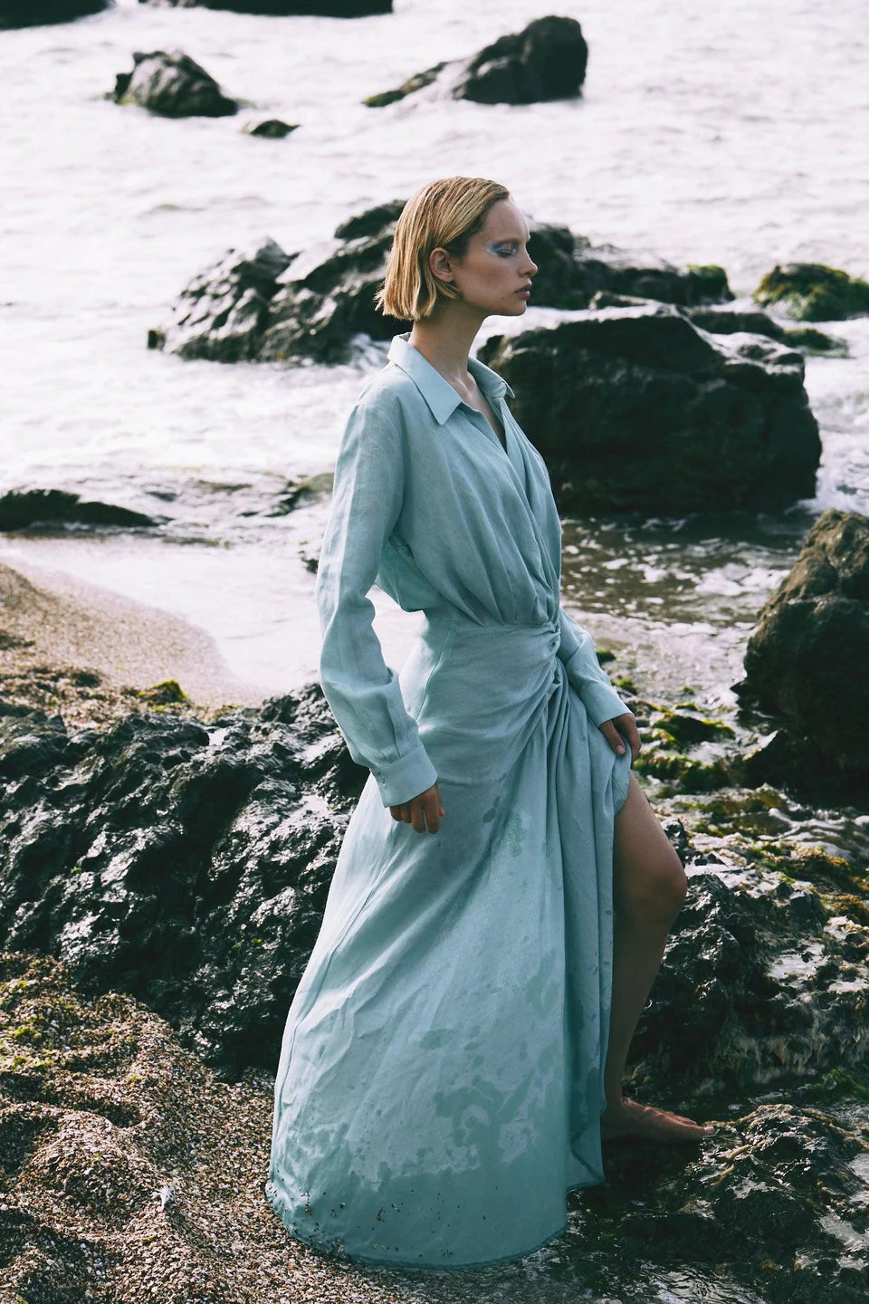 Aqua long sleeve linen maxi dress