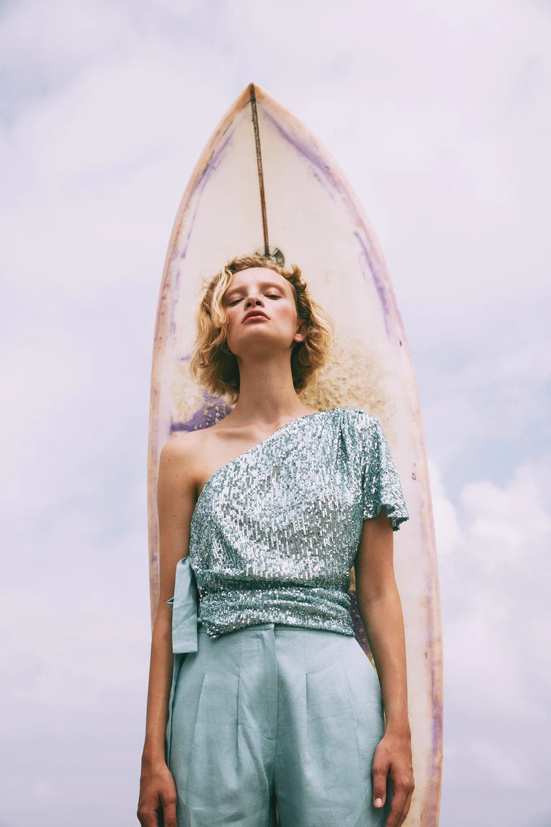 Aqua one shoulder sequin top