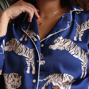 Blue Amina silk satin long pajama set