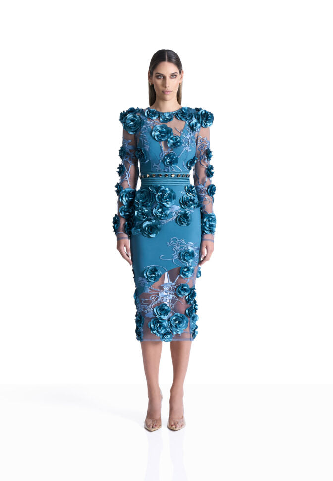 Blue lace 3D flowers midi dress