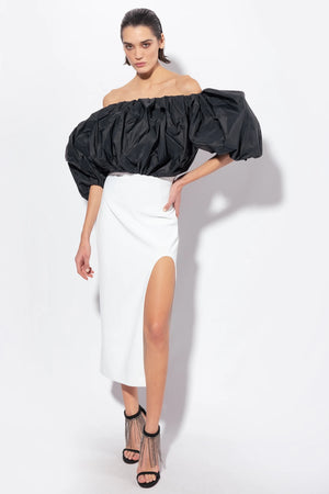 Black white dress with taffeta top and calf length slim bottom