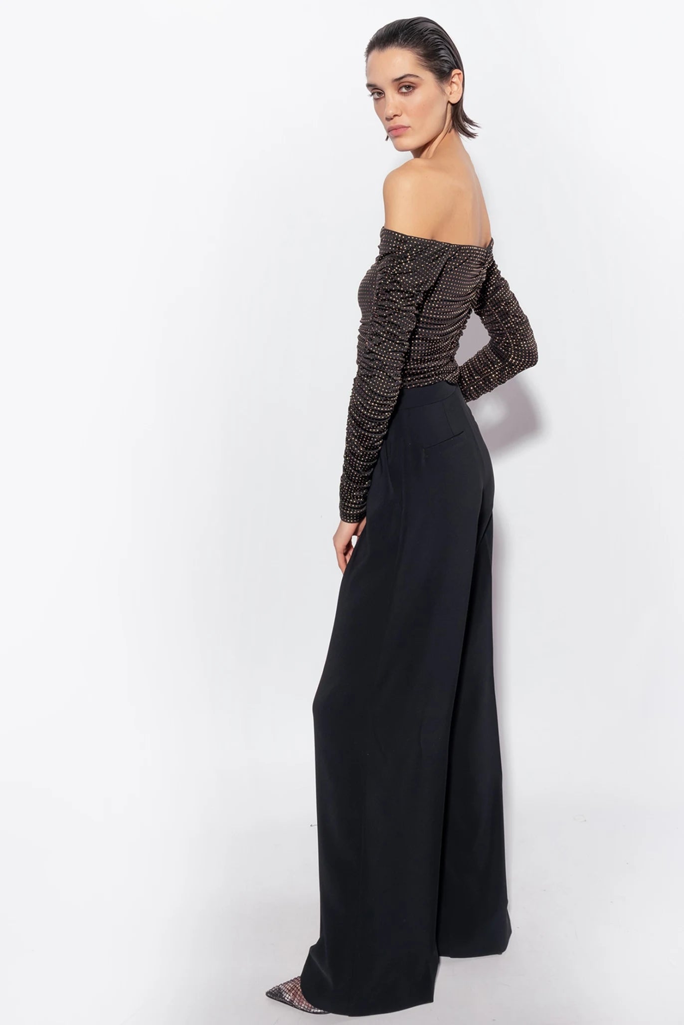 Black off-shoulder top with micro studs