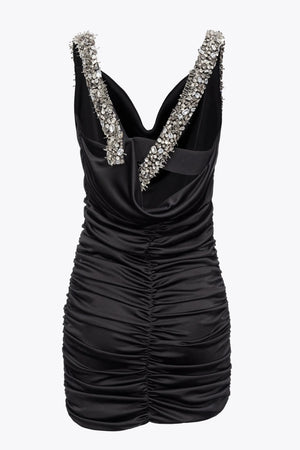 Black mini rushed dress with bejeweled straps