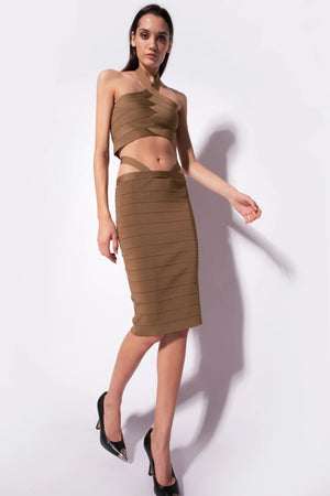 Brown knit band-effect pencil skirt