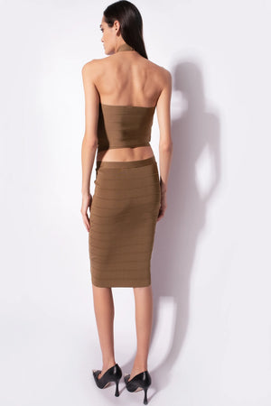 Brown knit band-effect pencil skirt
