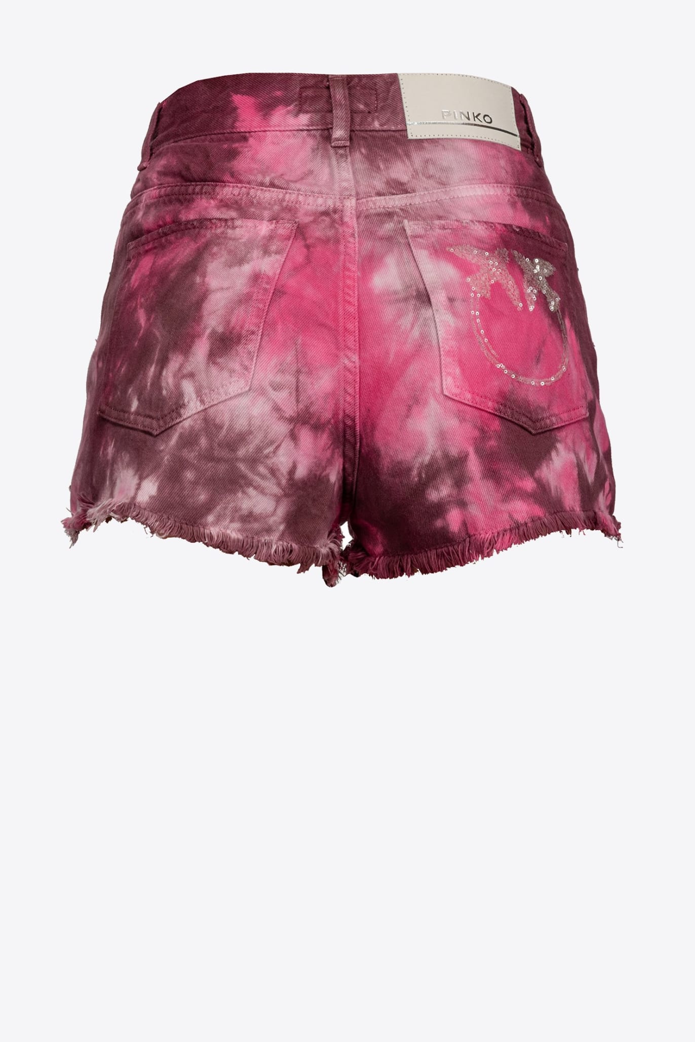 Burgundy tie dye distressed jean shorts