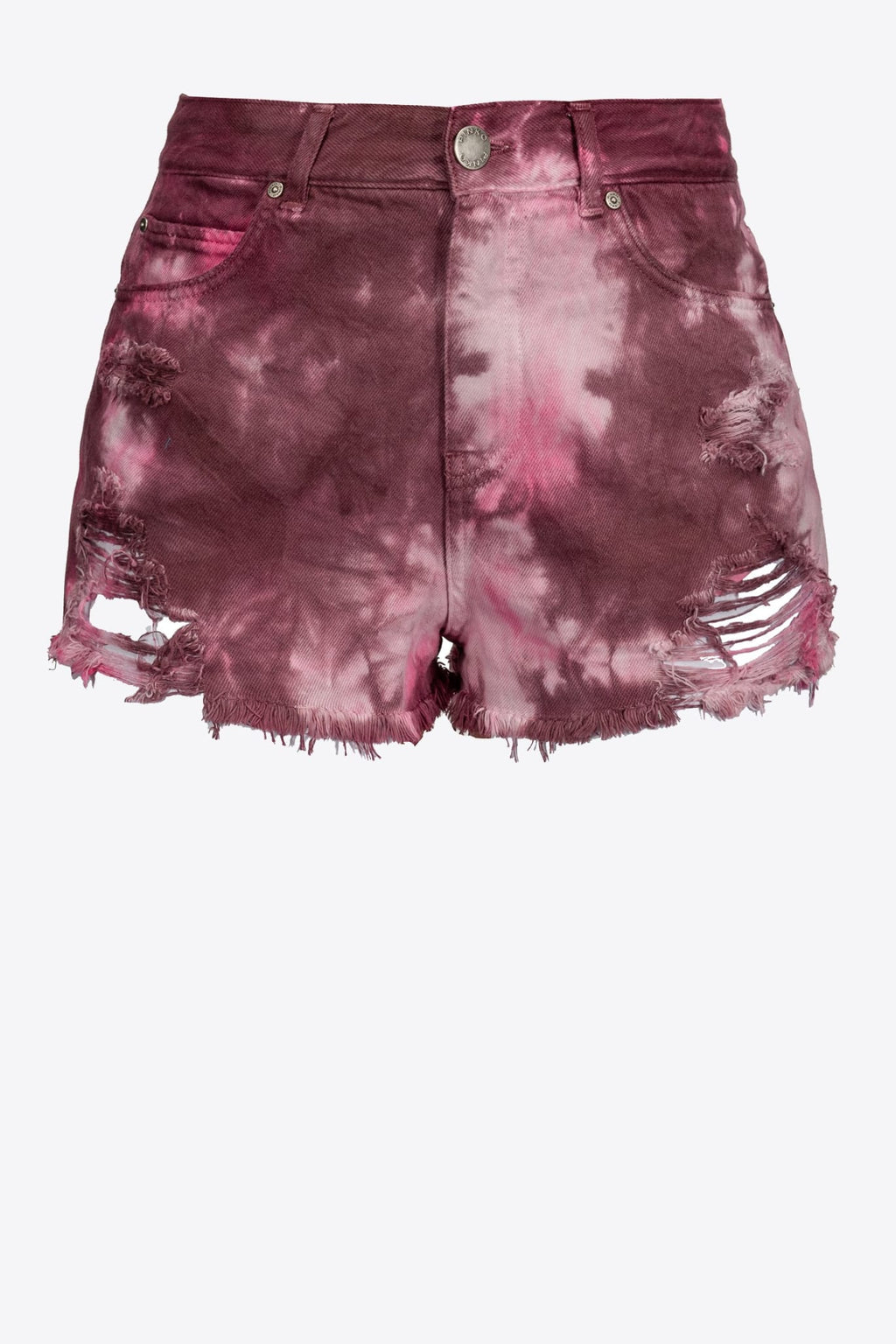 Burgundy tie dye distressed jean shorts