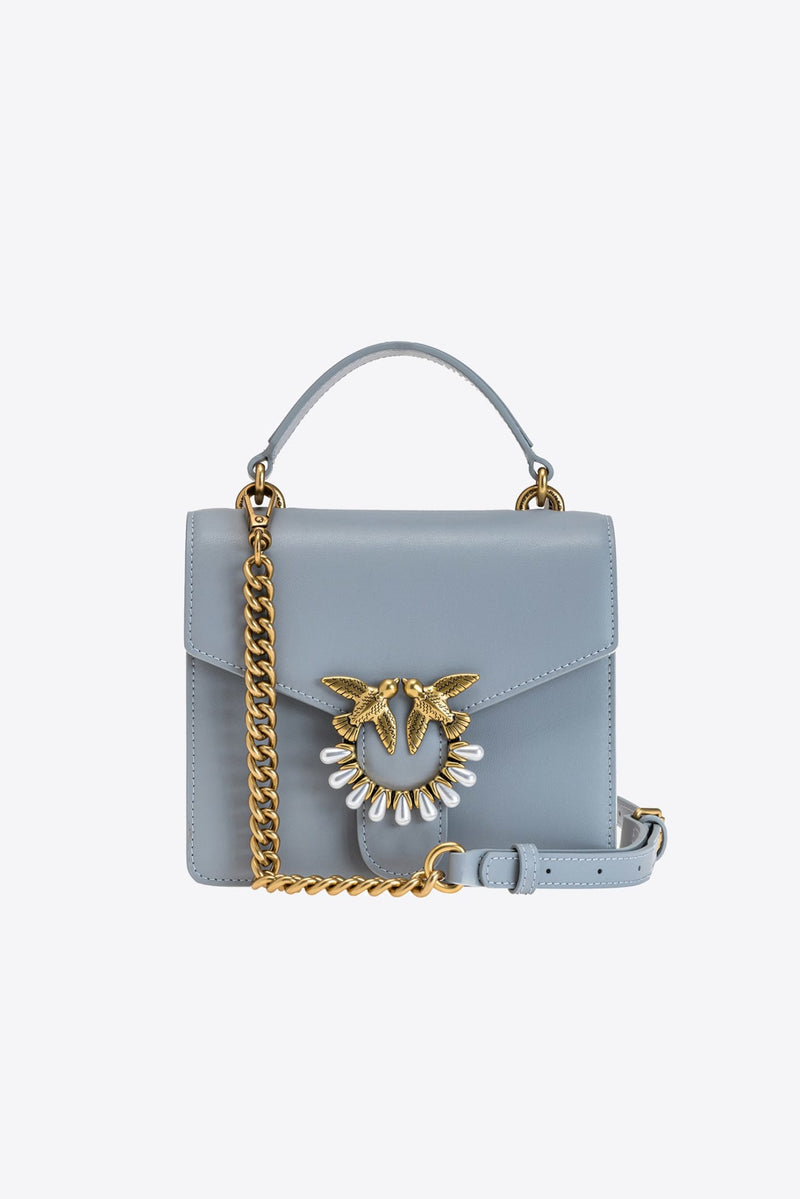 Grey mini Love bag top handle with pearl embellishment