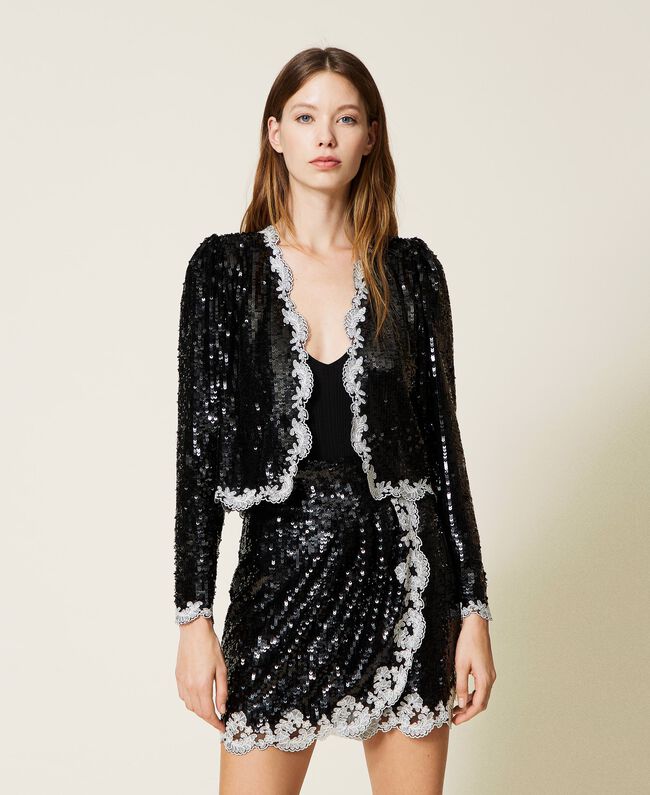 Black full sequin short skirt with embroidery