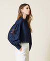 Navy muslin blouse with hemstitch embroidery