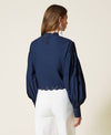Navy muslin blouse with hemstitch embroidery