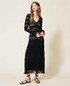 Black lace stitch long dress with fringes