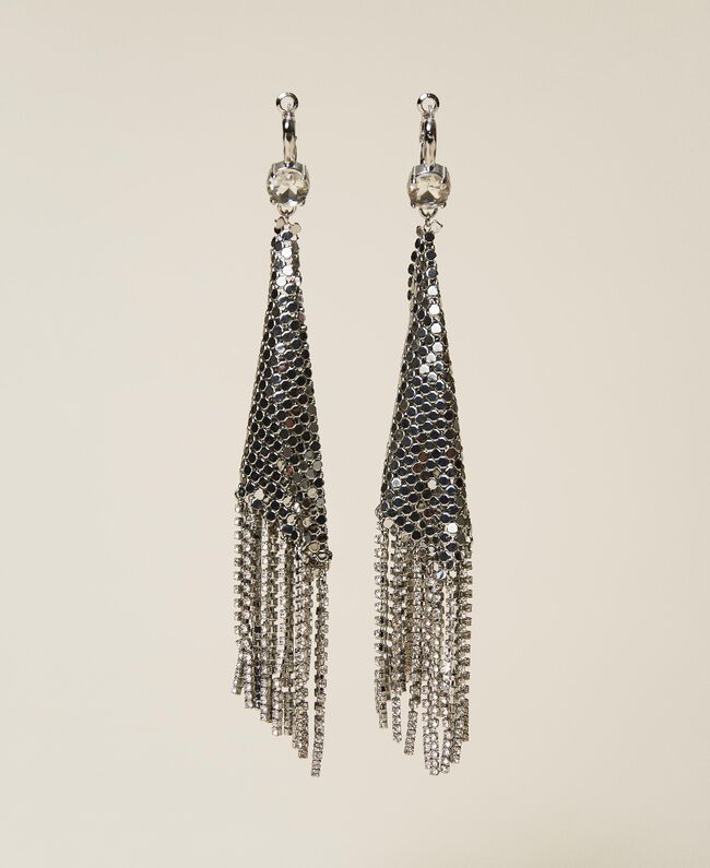 Silver mesh earrings with rhinestones