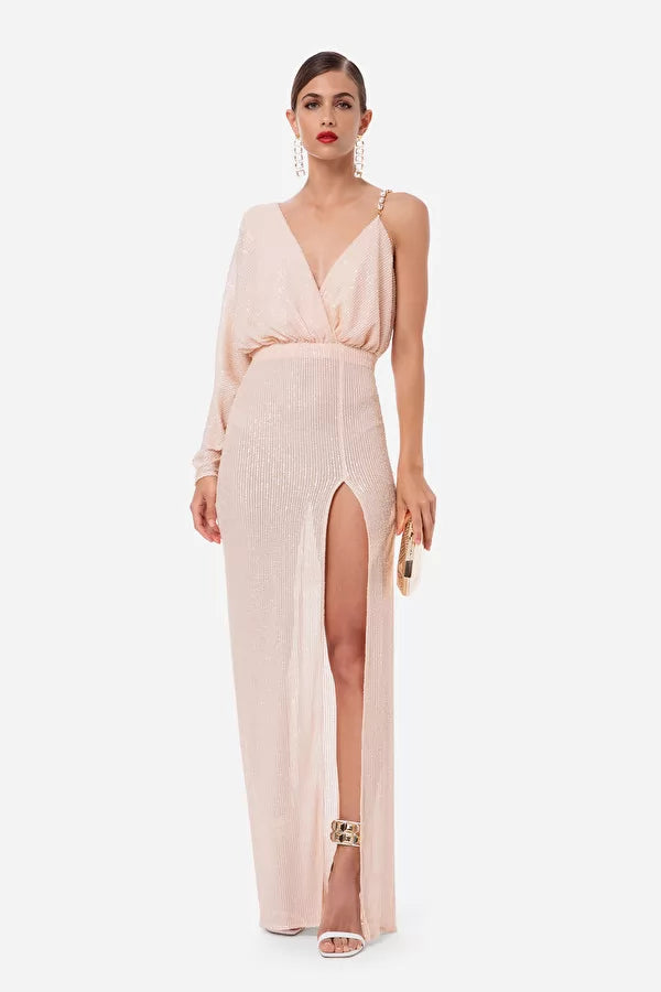 Blush sequin asymmetric Red Carpet Dress
