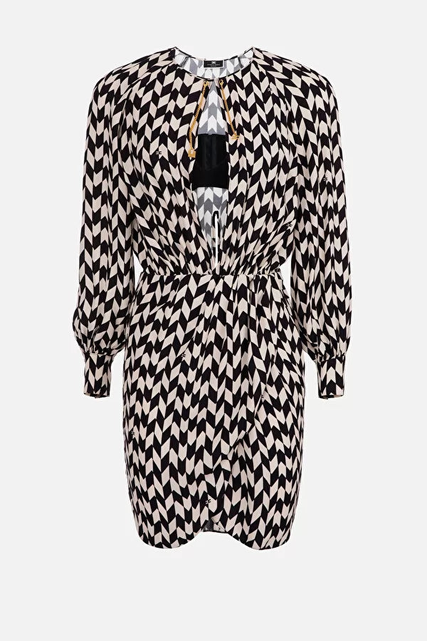 Black and white herringbone print georgette mini dress