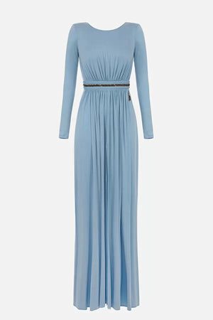 Baby blue long jersey dress with chain waistband