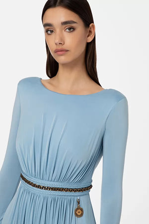 Baby blue long jersey dress with chain waistband
