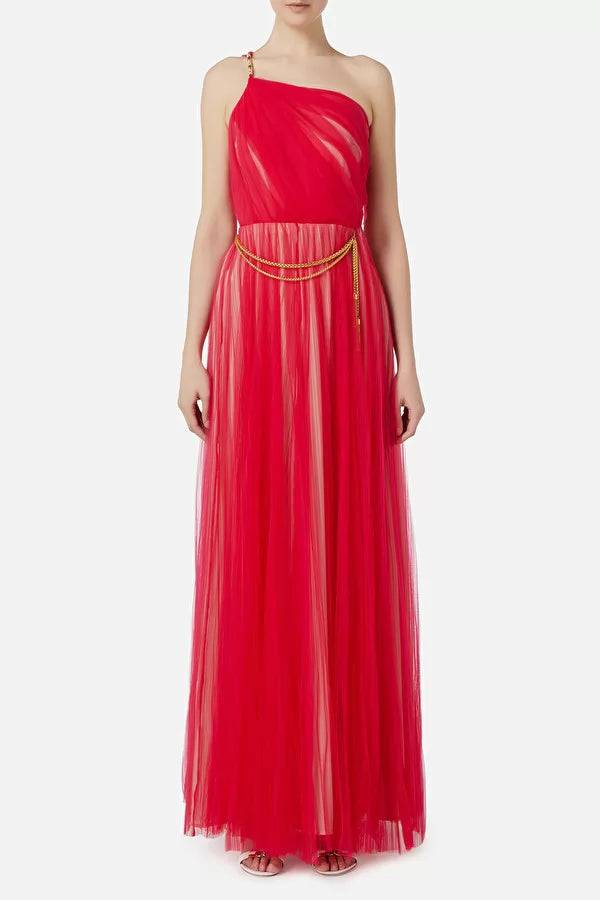 Fuchsia  long one shoulder tulle dress