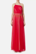 Fuchsia  long one shoulder tulle dress
