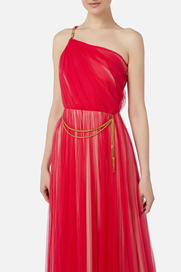 Fuchsia  long one shoulder tulle dress