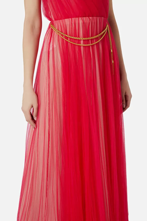 Fuchsia  long one shoulder tulle dress