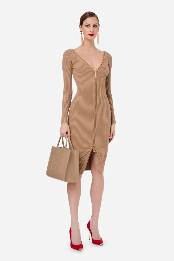 Nude rib knit long sleeve midi dress with zipper