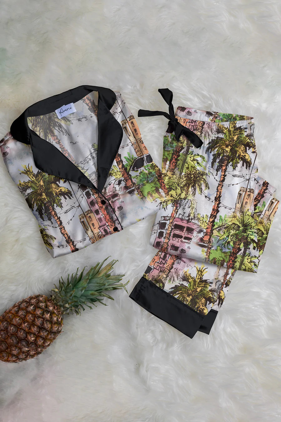Valencia palm print long silk pajama set